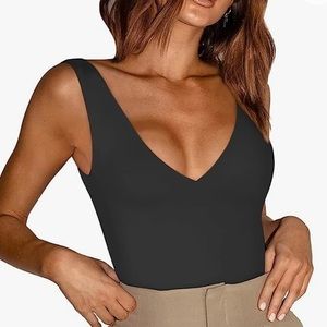 ReoRia Sexy Plunge Deep V Neck Sleeveless V Backless Going Out Bodysuit Sz L